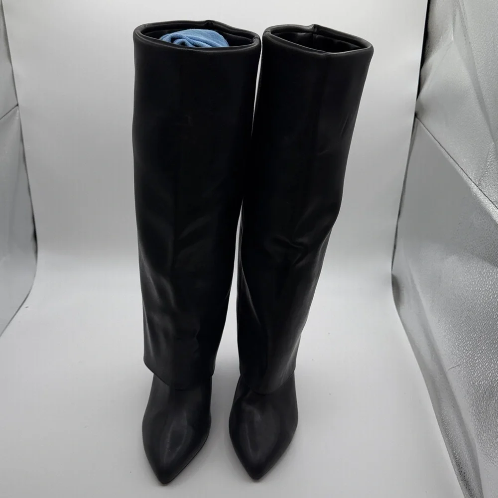 NEW MADDEN GIRL BLACK LEATHER TALL POINTED TOE BOOTS - Picture 6 of 9